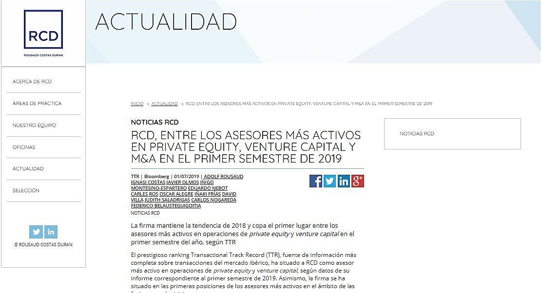 RCD, entre los asesores ms activos en private equity, venture capital y M&A en el primer semestre de 2019